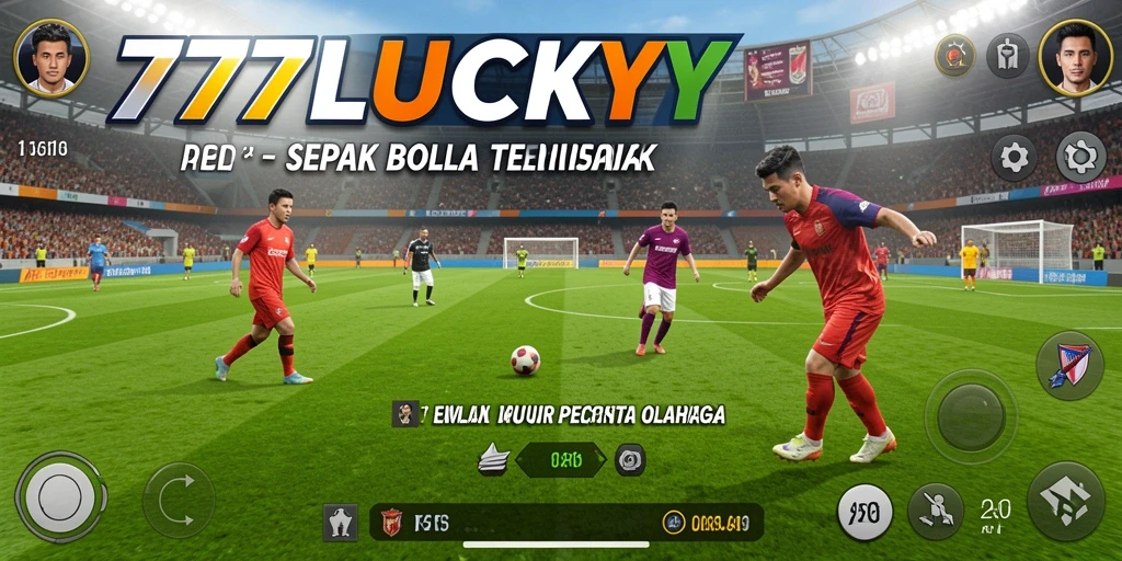 Screenshot utama 777LUCKY menampilkan aksi seru di lapangan sepak bola.