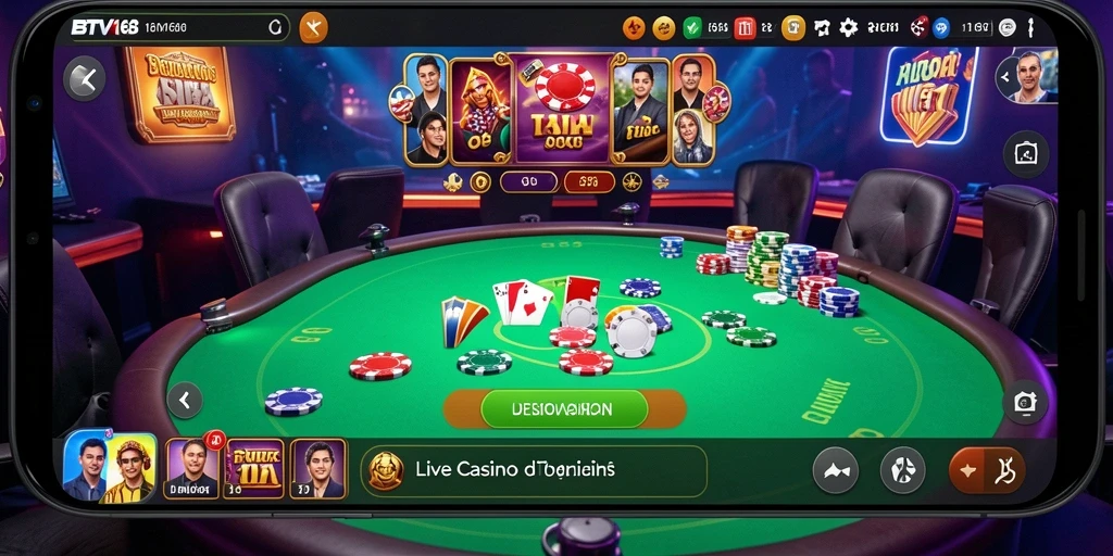 Tampilan gameplay BTV168 dengan dealer langsung dan suasana kasino yang hidup.