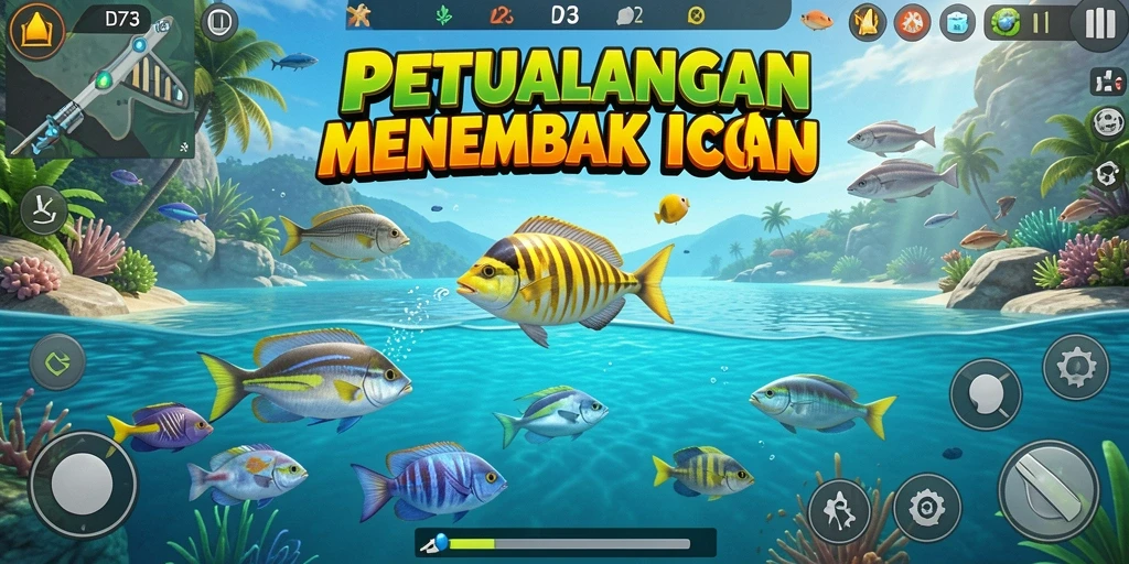 Screenshot D73 menampilkan aksi menembak ikan yang seru dan menantang.