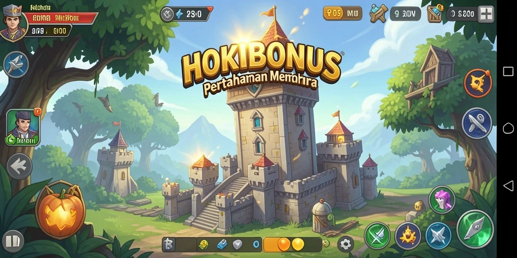 Tampilan gameplay HOKIBONUS yang memukau dengan menara dan musuh.