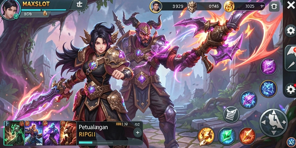 Screenshot utama MAXSLOT menampilkan aksi pertempuran seru di dunia RPG.