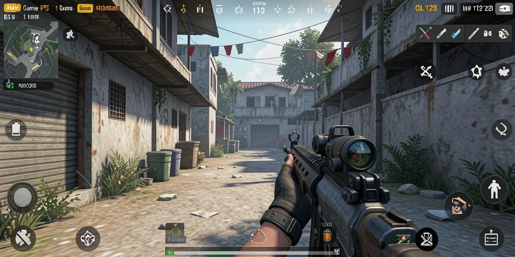 Tampilan gameplay seru dari OLX128 dalam aksi tembak-tembakan.