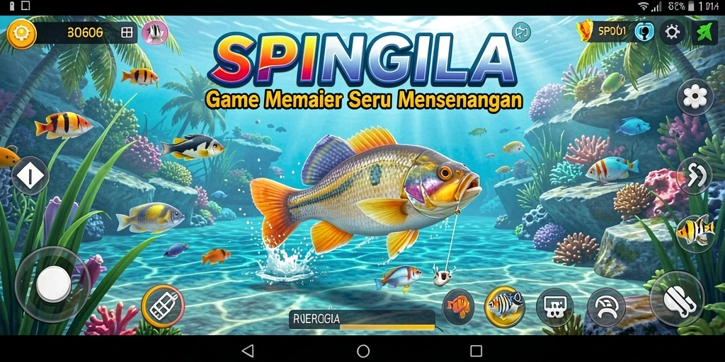 Tampilan gameplay SPINGILA yang menarik saat memancing di lokasi indah.
