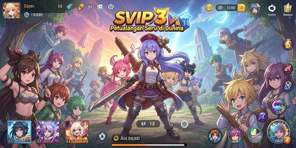Tampilan gameplay SVIP3 dengan aksi karakter Anime yang dinamis.