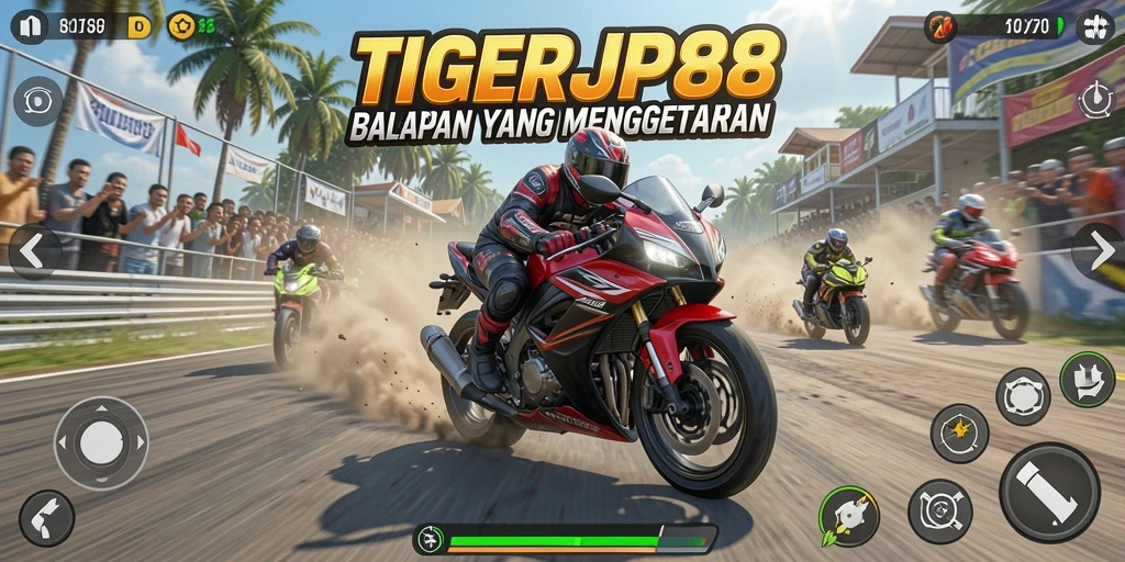 Screenshot utama TIGERJP88 menampilkan aksi balapan motor yang mendebarkan.